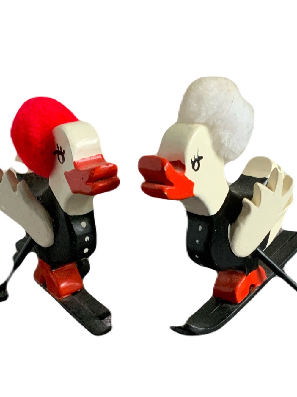 Vintage Wooden Duck Ski Ornaments in Black, White & Red